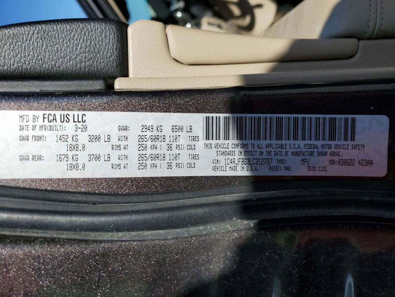 1C4RJFBG3LC312737 2020 Jeep Grand Cherokee Limited