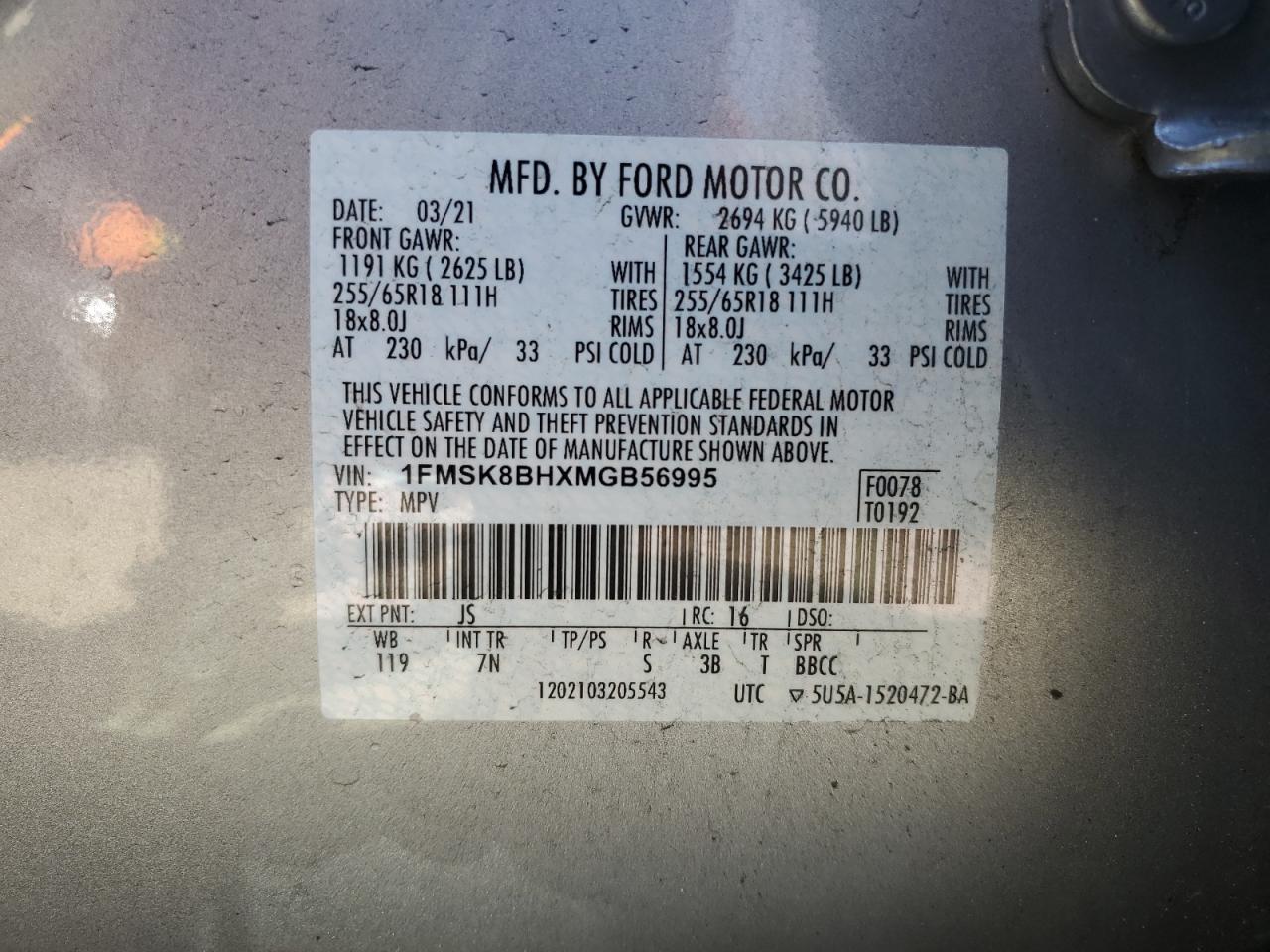 1FMSK8BHXMGB56995 2021 Ford Explorer