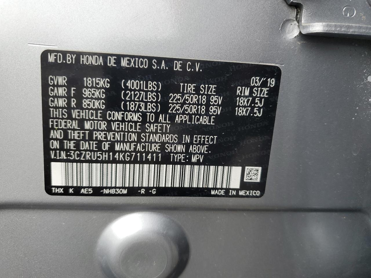 3CZRU5H14KG711411 2019 Honda Hr-V Sport