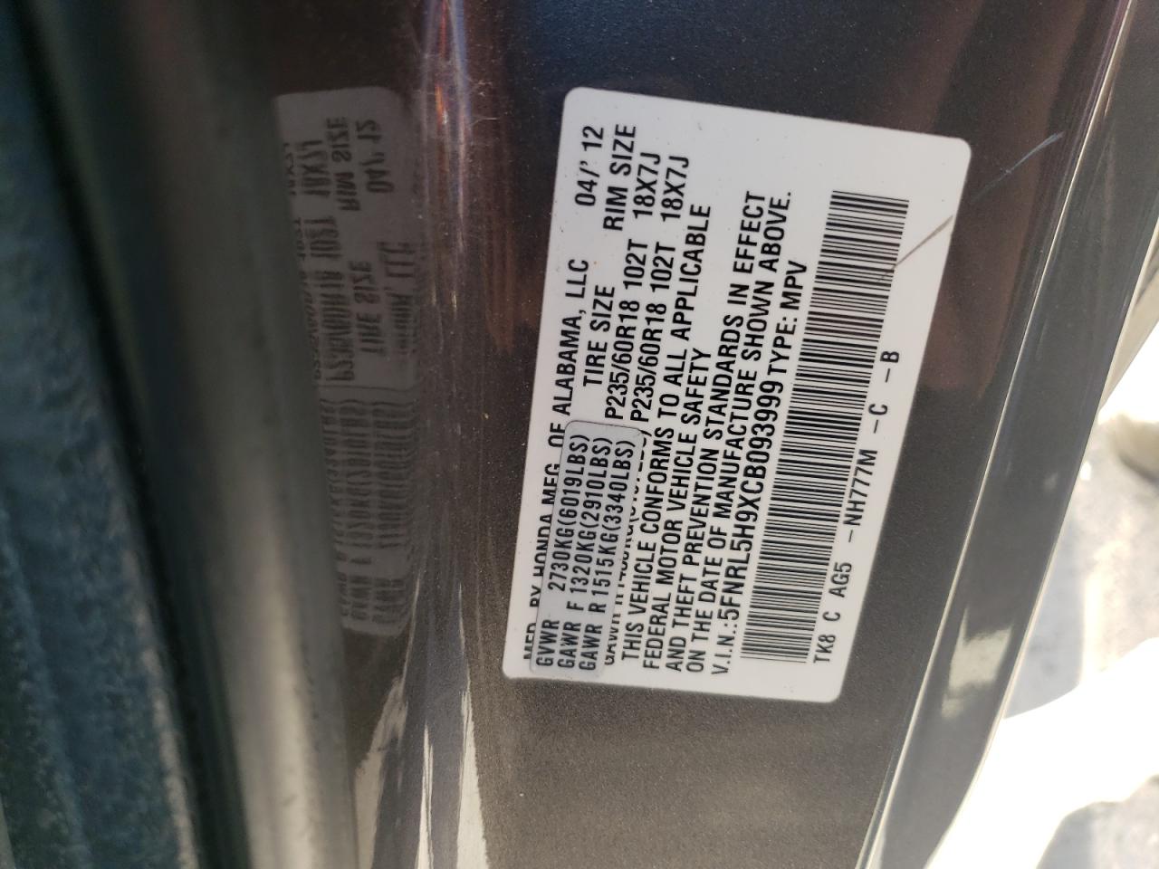 5FNRL5H9XCB093999 2012 Honda Odyssey Touring