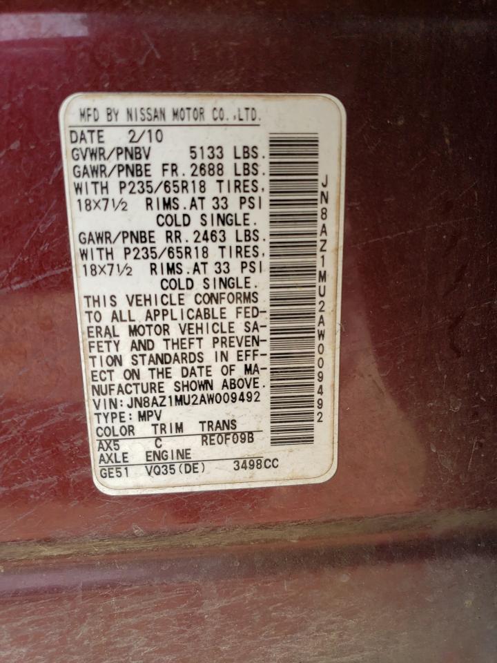 JN8AZ1MU2AW009492 2010 Nissan Murano S