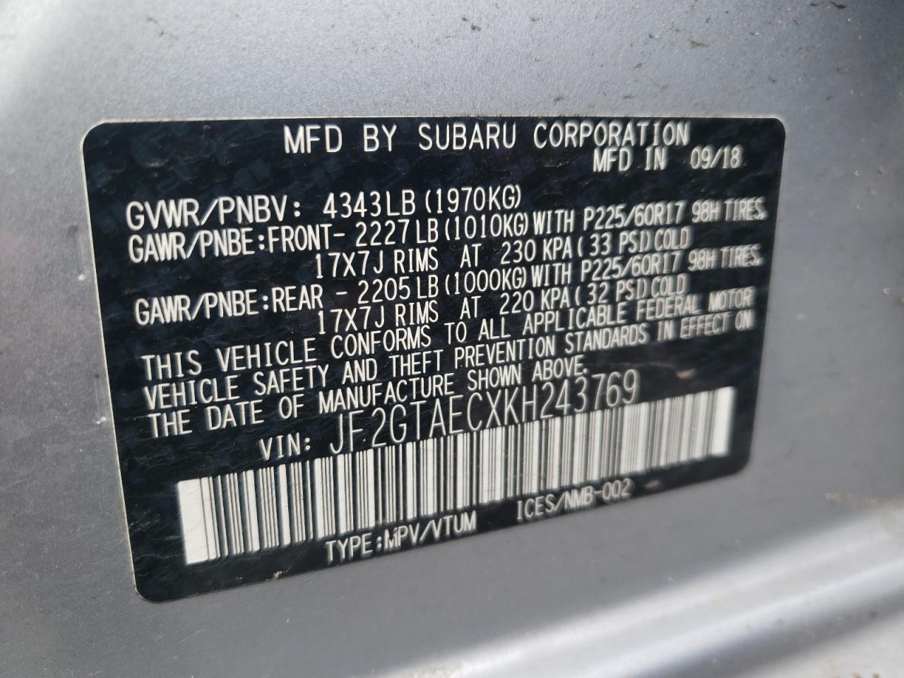 JF2GTAECXKH243769 2019 Subaru Crosstrek Premium