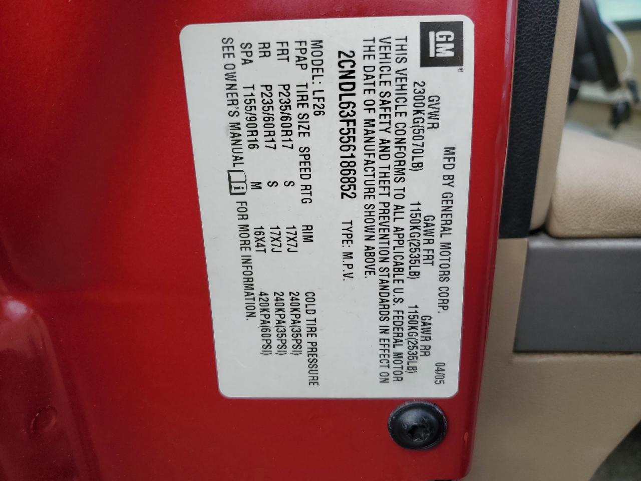 2CNDL63F556186852 2005 Chevrolet Equinox Lt