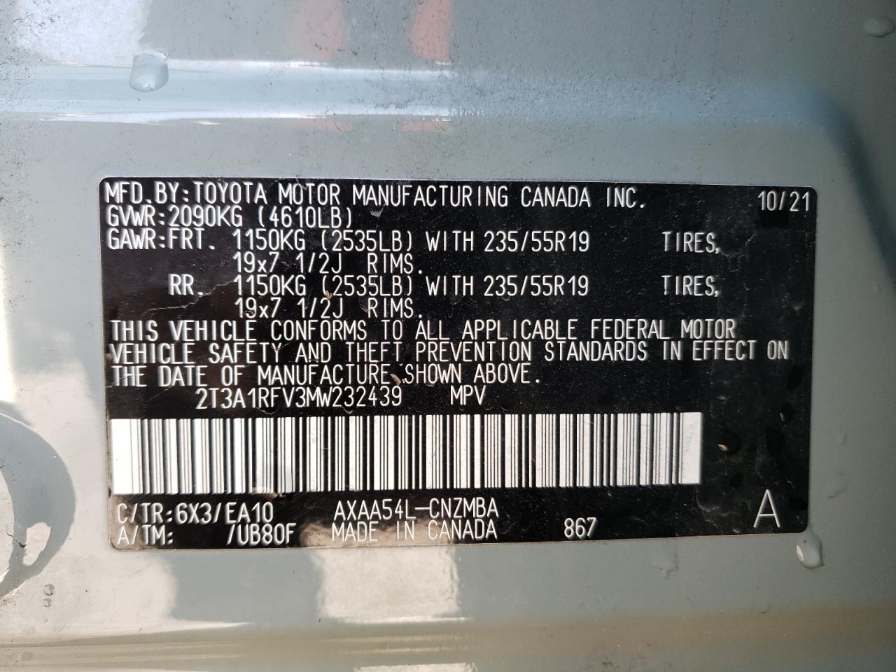 2T3A1RFV3MW232439 2021 Toyota Rav4 Xle Premium