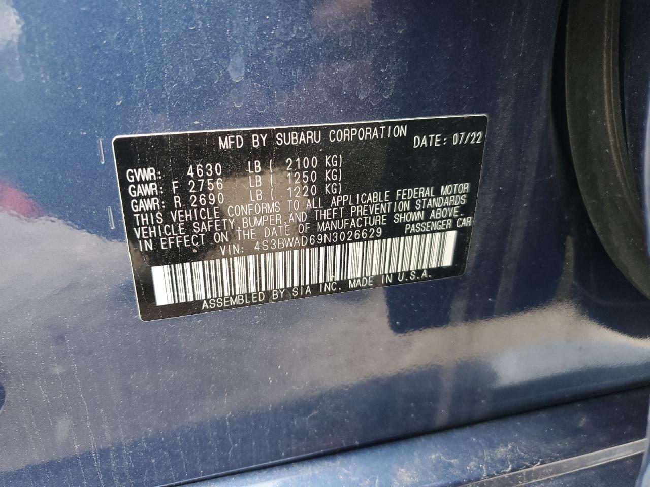 4S3BWAD69N3026629 2022 Subaru Legacy Premium