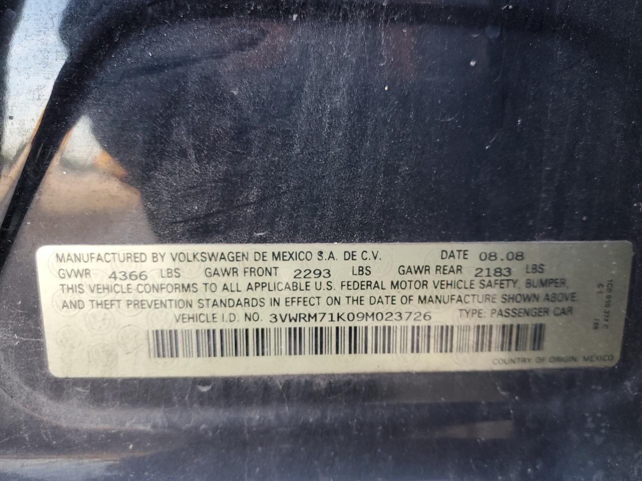 3VWRM71K09M023726 2009 Volkswagen Jetta Se