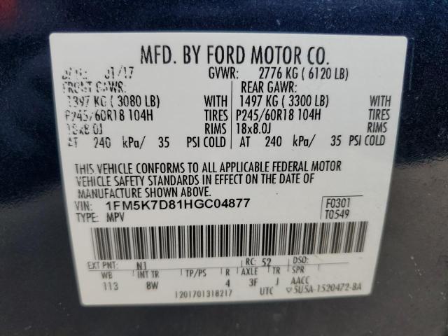 2017 Ford Explorer Xlt VIN: 1FM5K7D81HGC04877 Lot: 48519684