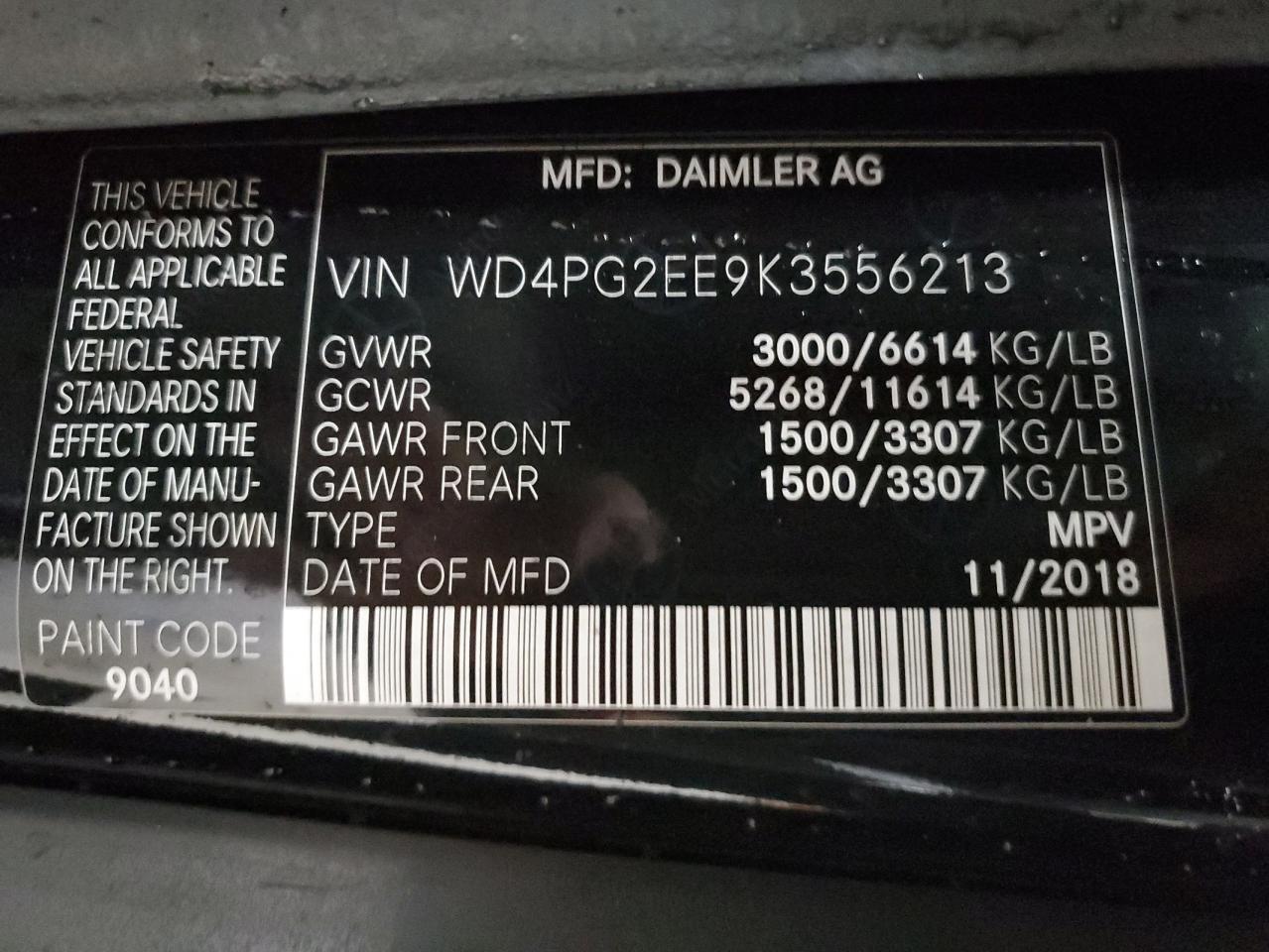 2019 Mercedes-Benz Metris vin: WD4PG2EE9K3556213