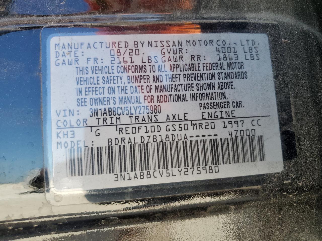 3N1AB8CV5LY275980 2020 Nissan Sentra Sv