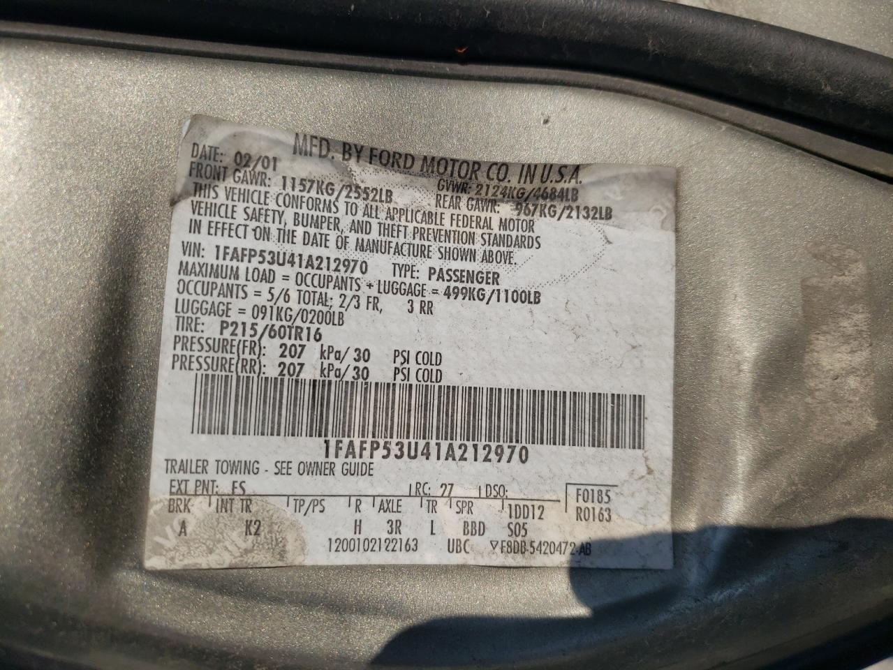 1FAFP53U41A212970 2001 Ford Taurus Se