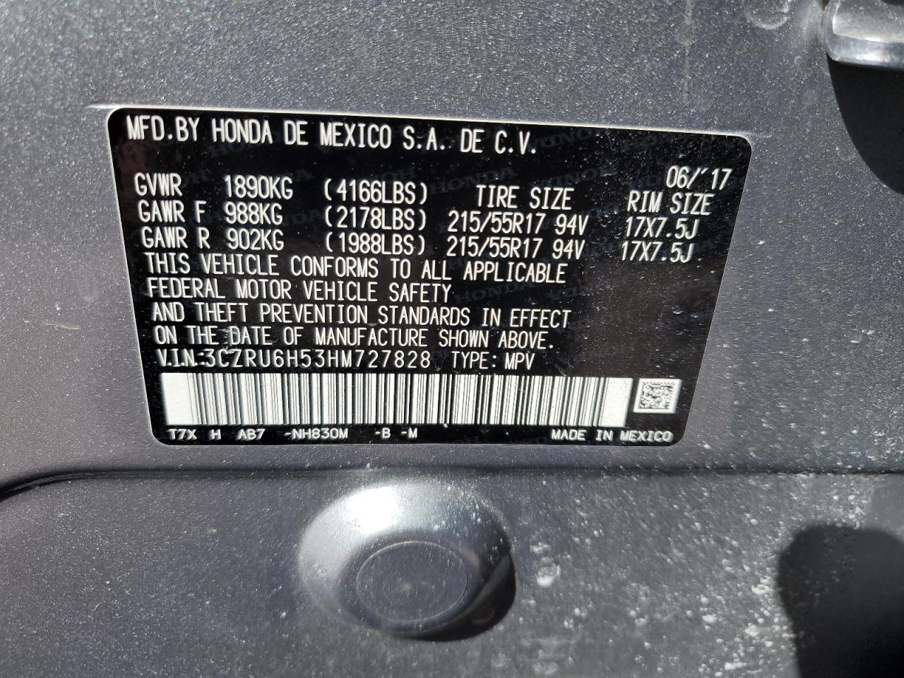 3CZRU6H53HM727828 2017 Honda Hr-V Ex