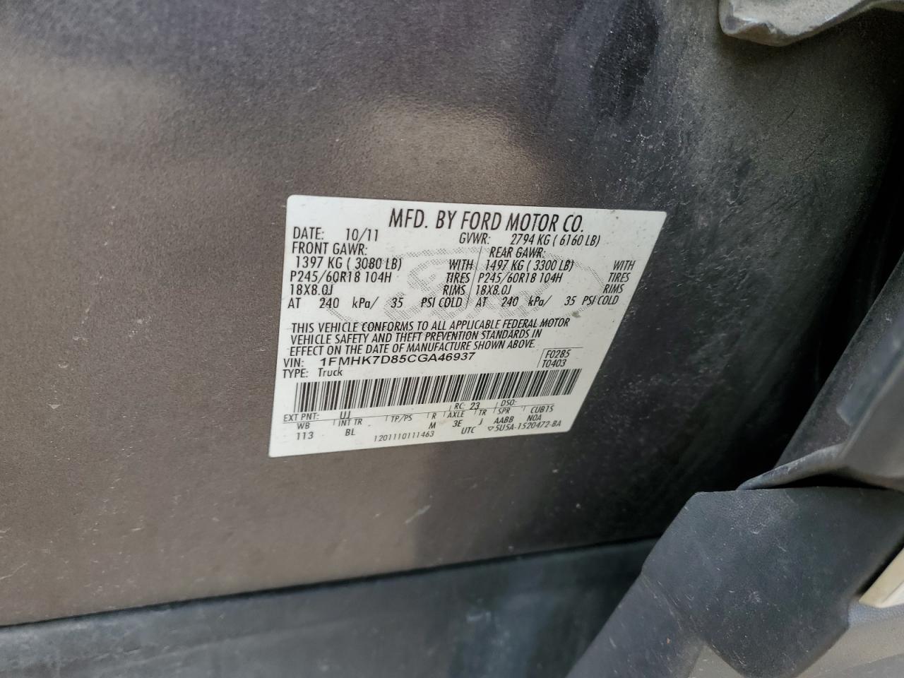 1FMHK7D85CGA46937 2012 Ford Explorer Xlt