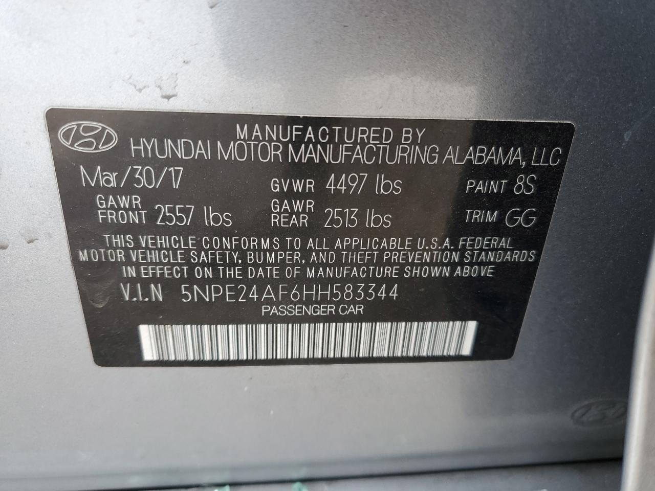 5NPE24AF6HH583344 2017 Hyundai Sonata Se