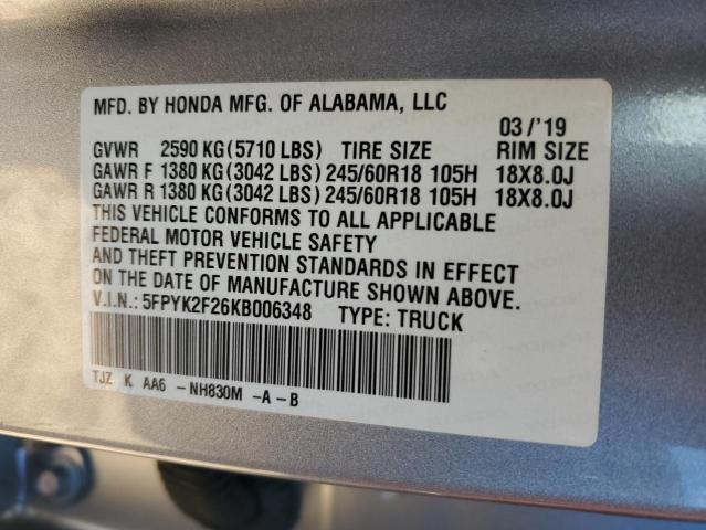 2019 HONDA RIDGELN RT 5FPYK2F26KB006348