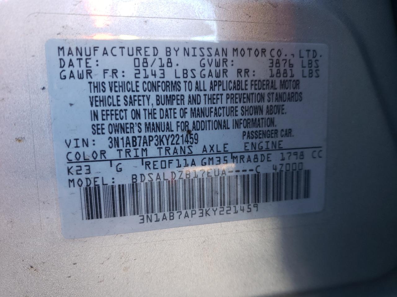 3N1AB7AP3KY221459 2019 Nissan Sentra S