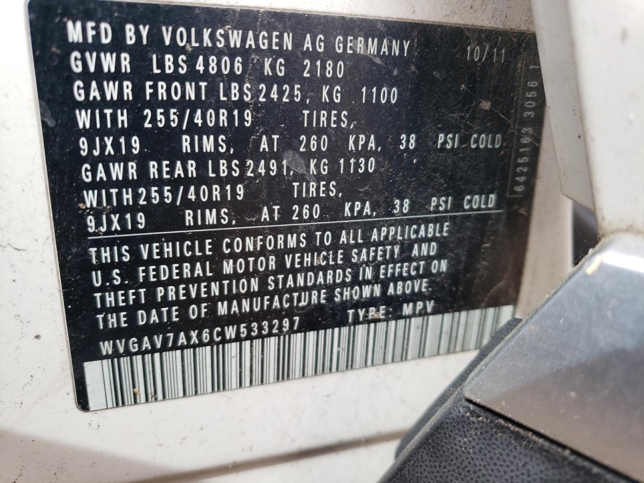 WVGAV7AX6CW533297 2012 Volkswagen Tiguan S