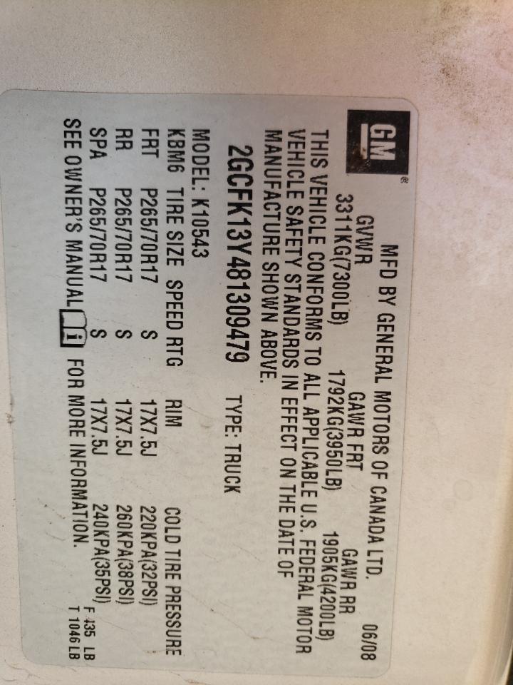 2GCFK13Y481309479 2008 Chevrolet Silverado K1500