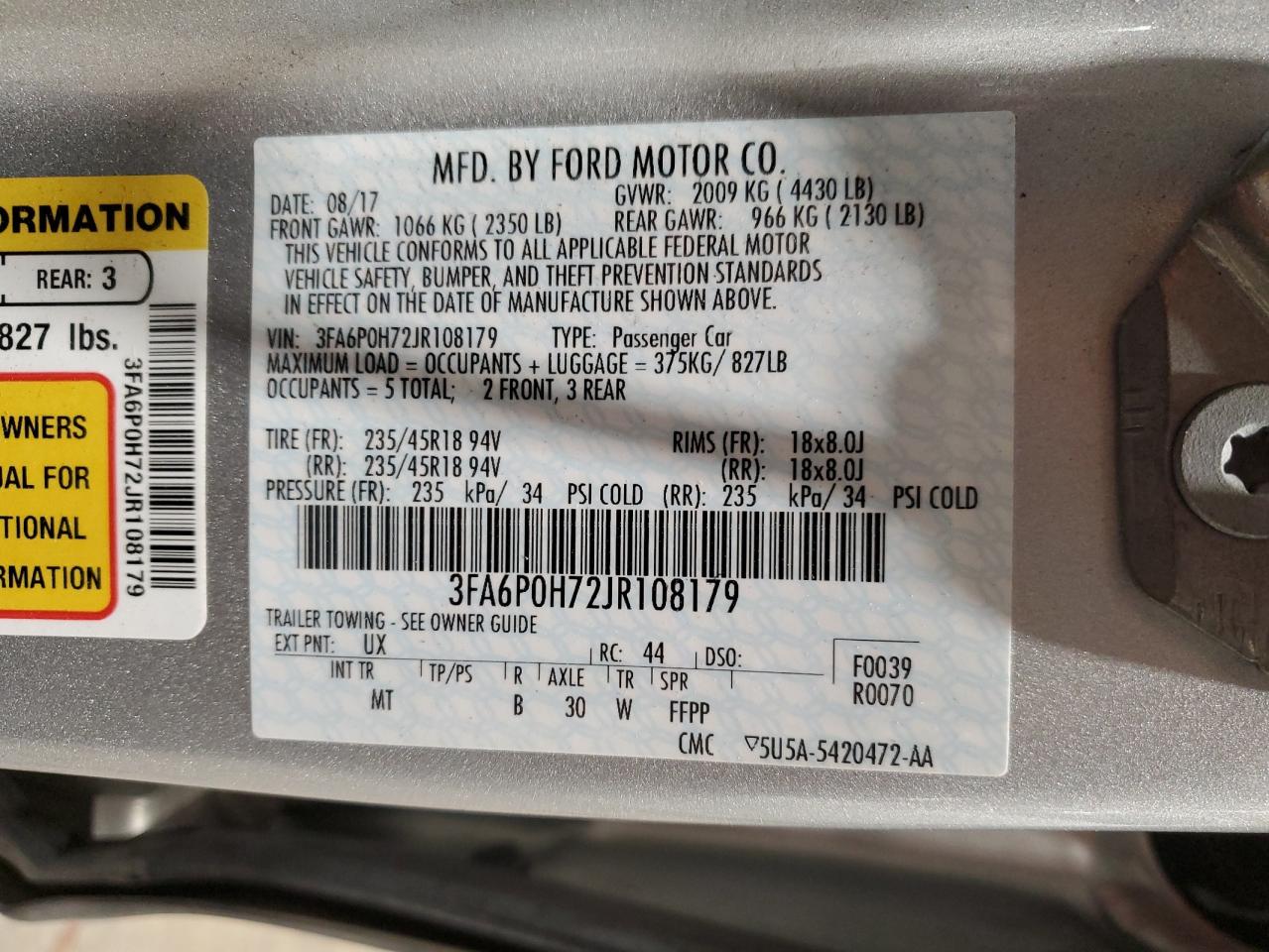 3FA6P0H72JR108179 2018 Ford Fusion Se