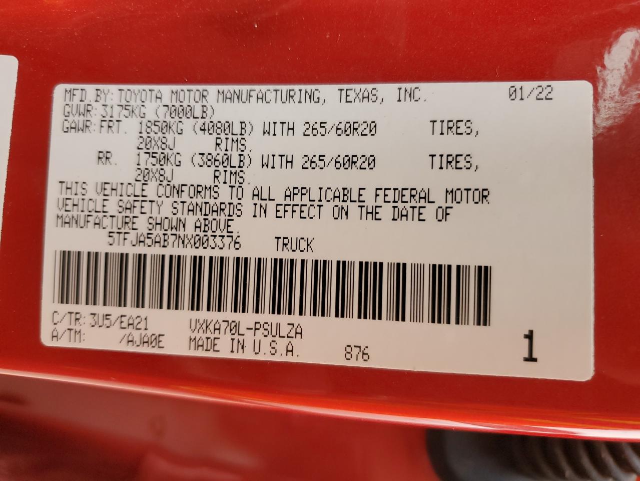 5tfja5ab7nx003376 5TFJA5AB7NX003376 2022 Toyota Tundra Crewmax Limited