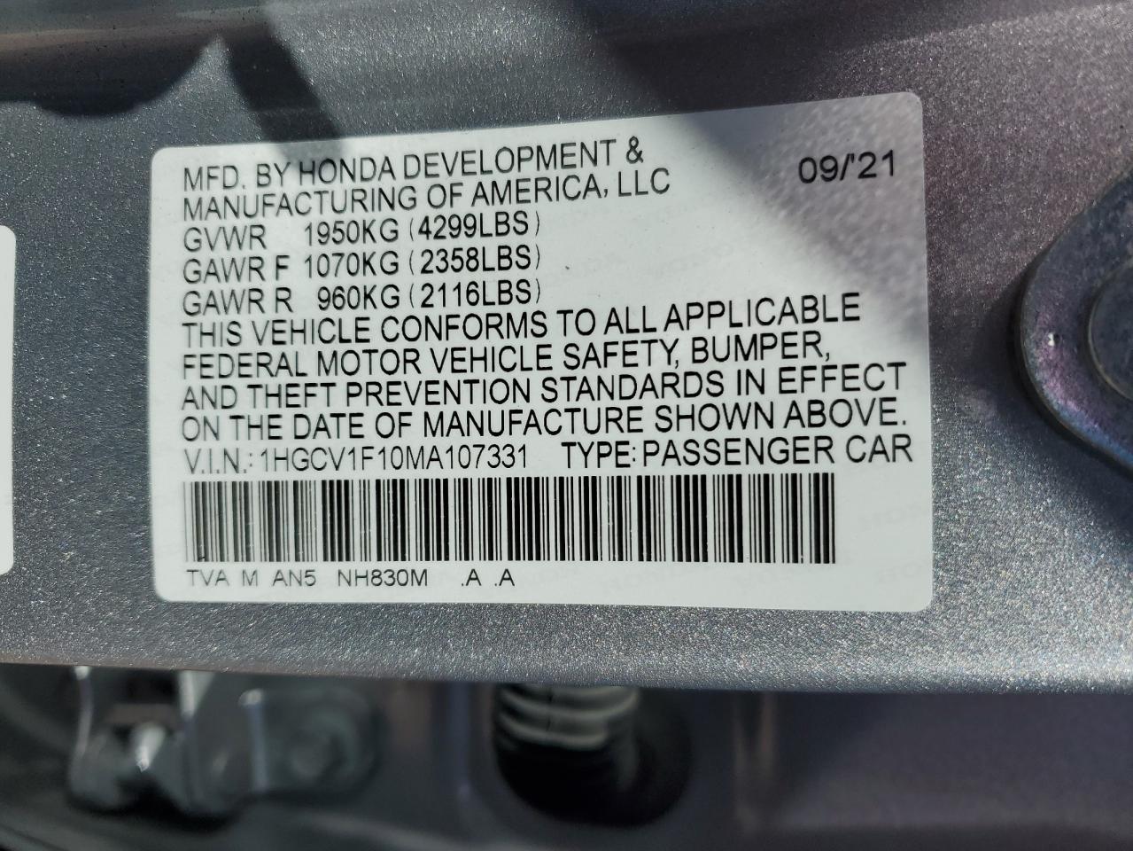 1HGCV1F10MA107331 2021 Honda Accord Lx