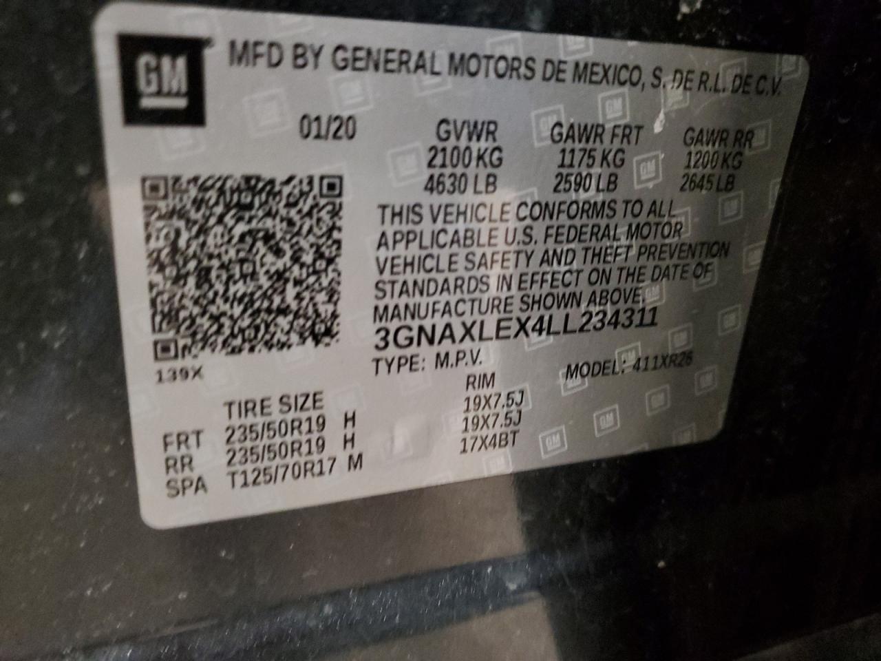 3GNAXLEX4LL234311 2020 Chevrolet Equinox Lt