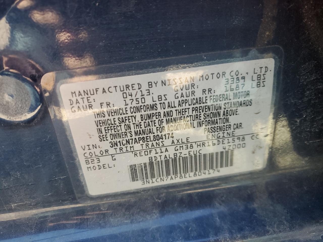 3N1CN7AP8EL804174 2014 Nissan Versa S