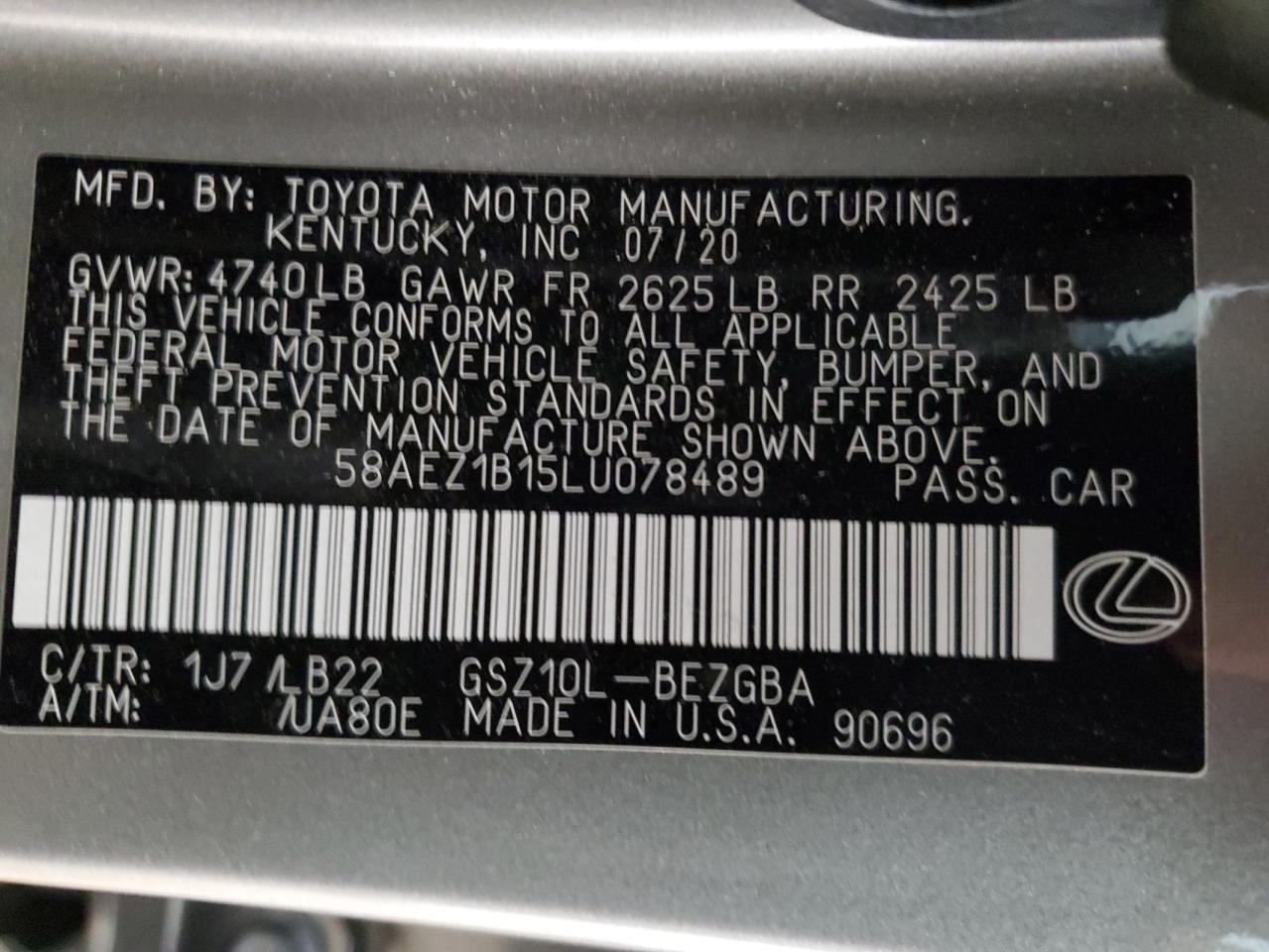 58AEZ1B15LU078489 2020 Lexus Es 350 Luxury