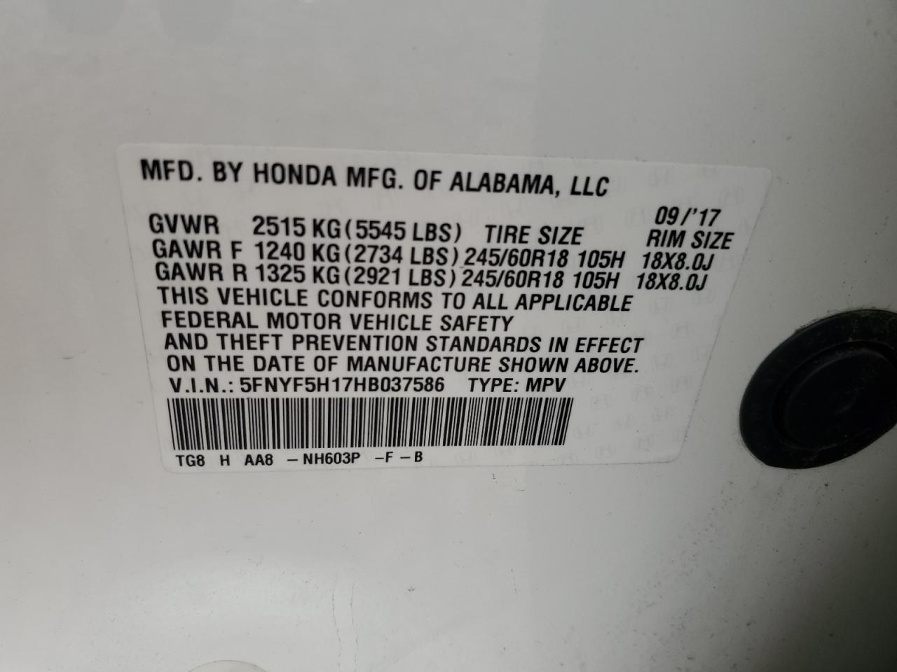 5FNYF5H17HB037586 2017 Honda Pilot Lx