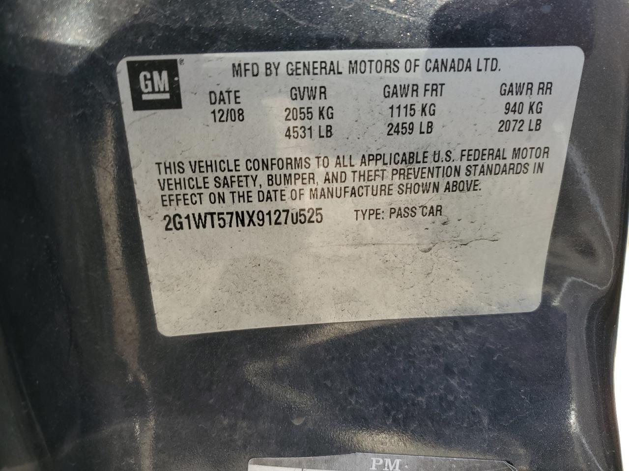 2G1WT57NX91270525 2009 Chevrolet Impala 1Lt