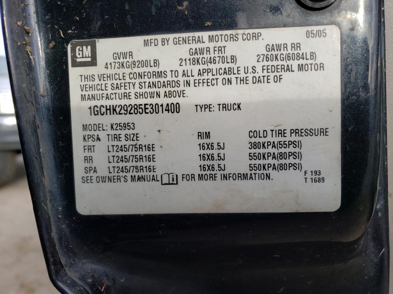 1GCHK29285E301400 2005 Chevrolet Silverado K2500 Heavy Duty