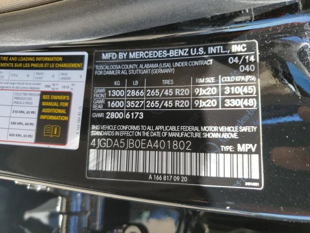 VIN 4JGDA5JB0EA401802 2014 Mercedes-Benz ML-Class, 350 no.14