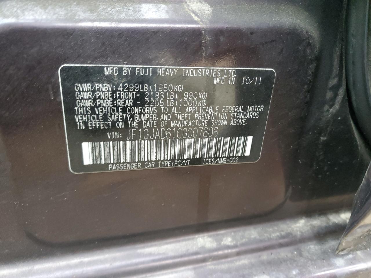 JF1GJAD61CG007606 2012 Subaru Impreza Premium