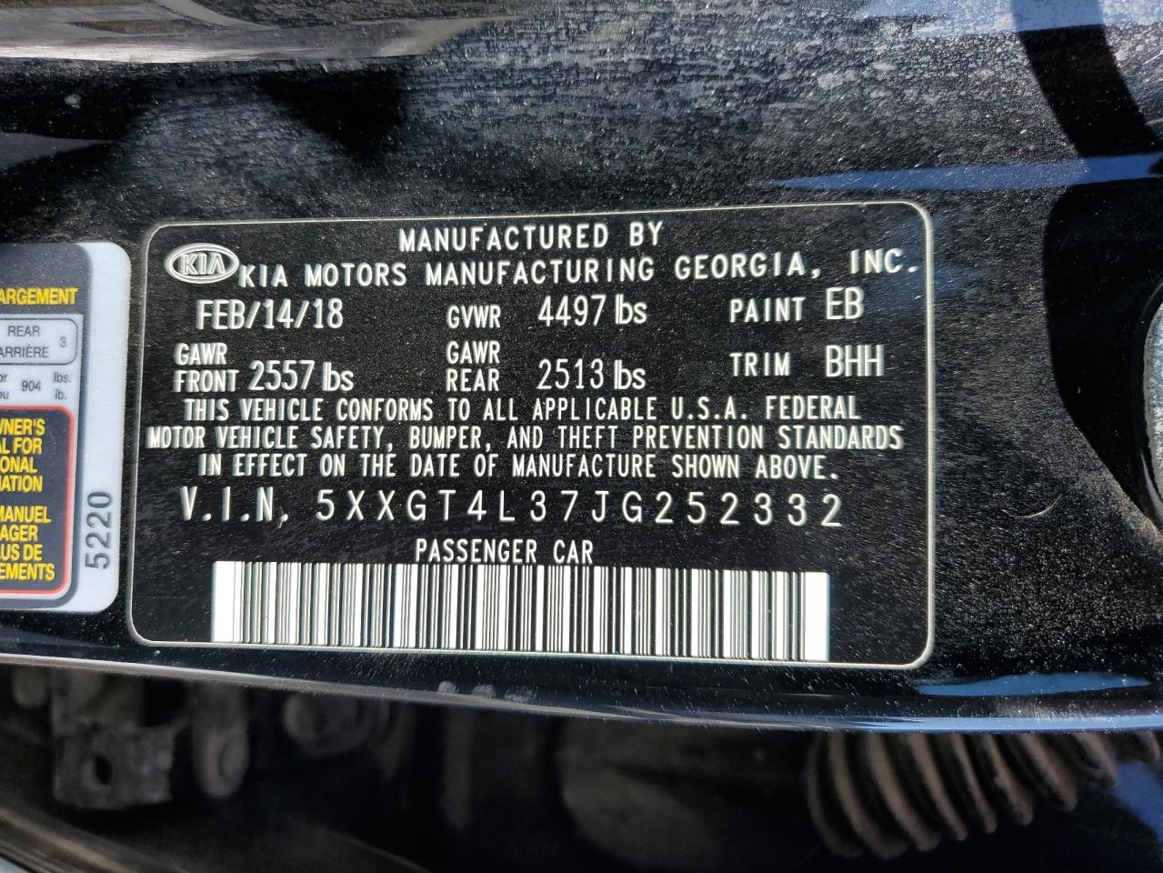 5XXGT4L37JG252332 2018 Kia Optima Lx