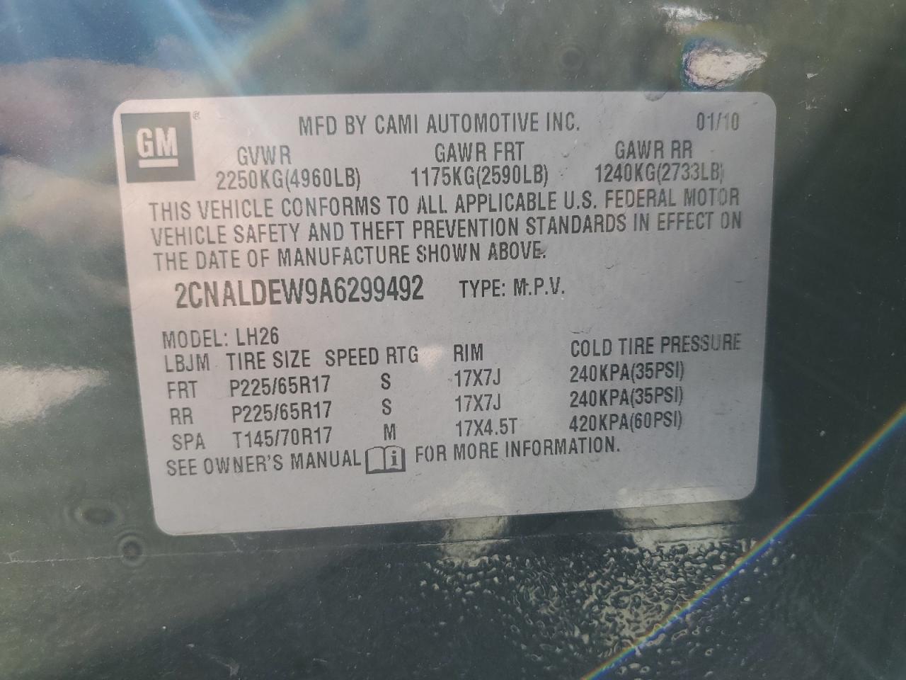 2CNALDEW9A6299492 2010 Chevrolet Equinox Lt