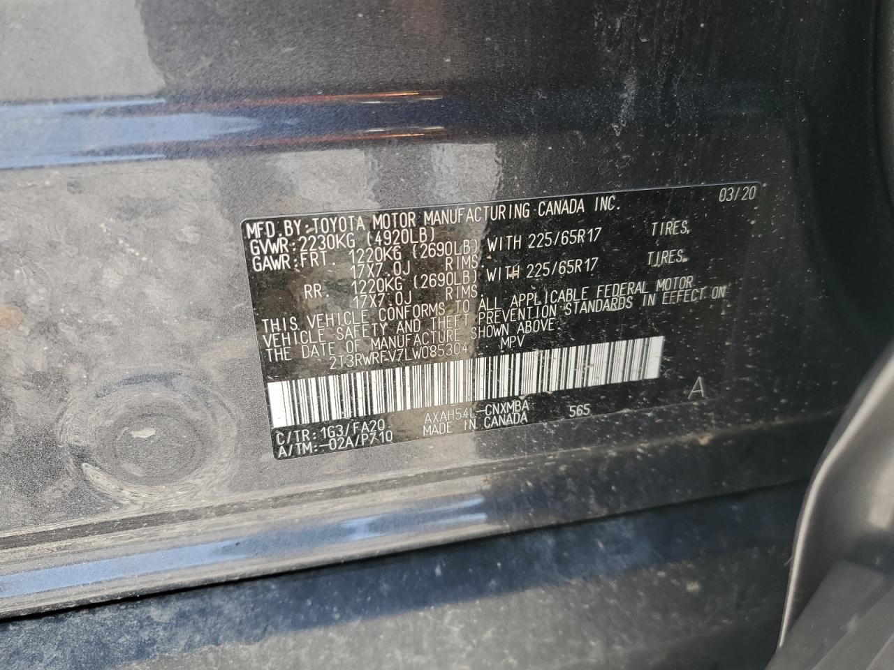 2T3RWRFV7LW085304 2020 Toyota Rav4 Xle