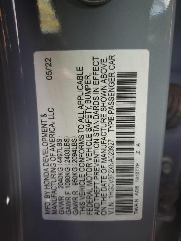 1HGCV3F2XNA023927 2022 Honda Accord Hybrid Sport