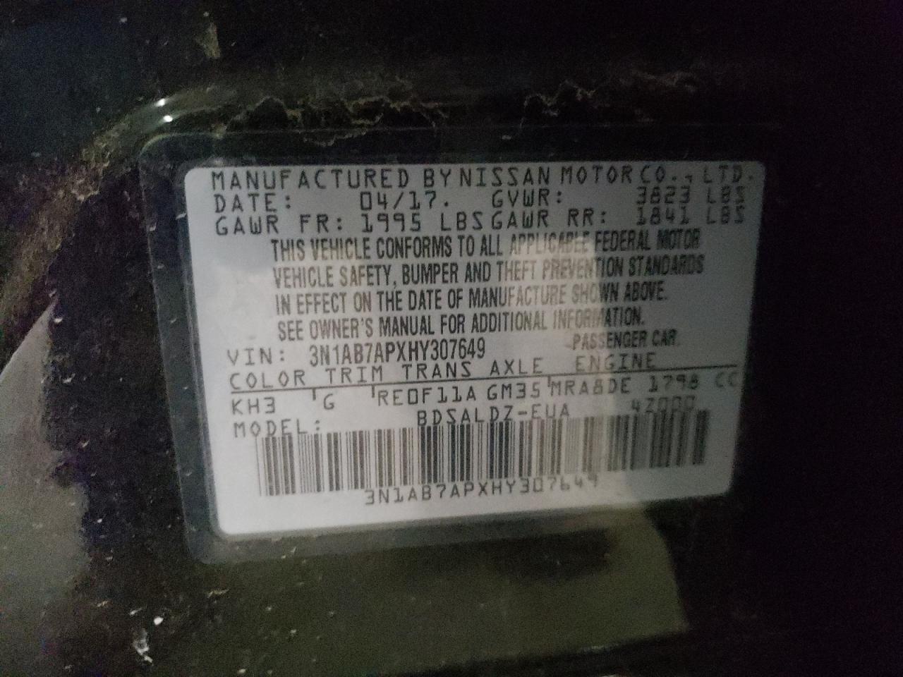 3N1AB7APXHY307649 2017 Nissan Sentra S