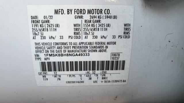 1FMSK8BH8NGA49333 2022 FORD EXPLORER