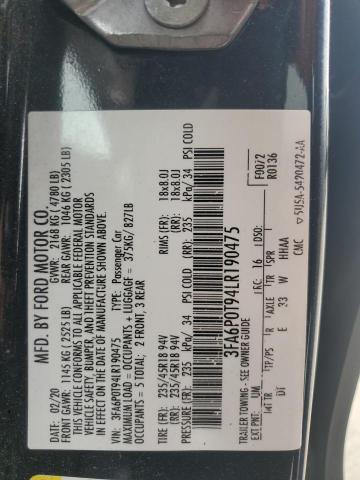 2020 FORD FUSION SE 3FA6P0T94LR190475
