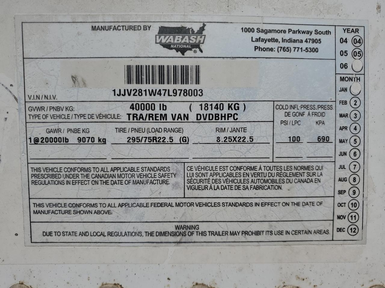 Lot #3118091406 2007 WABASH TRAILER