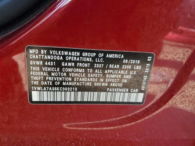 2019 VOLKSWAGEN PASSAT WOL 1VWLA7A35KC003213