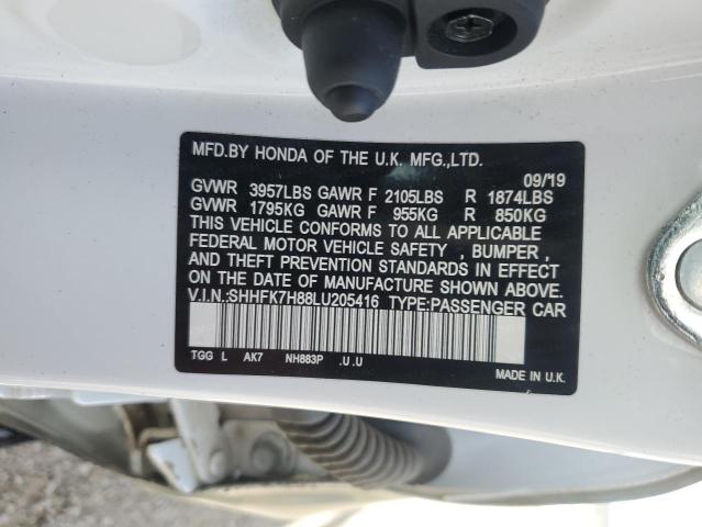 2020 HONDA CIVIC EXL SHHFK7H88LU205416