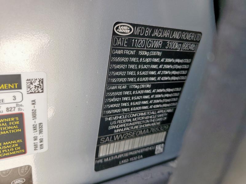 2021 LAND ROVER RANGE ROVE - SALWV2SE0MA765329