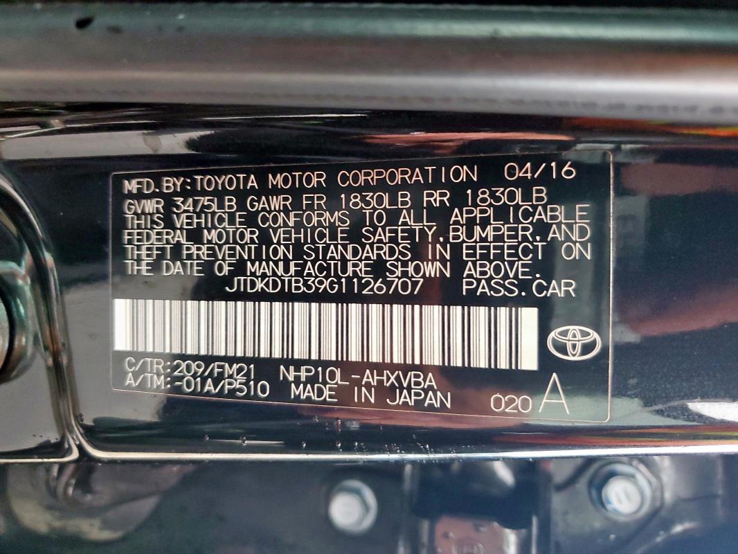 2016 TOYOTA PRIUS C JTDKDTB39G1126707