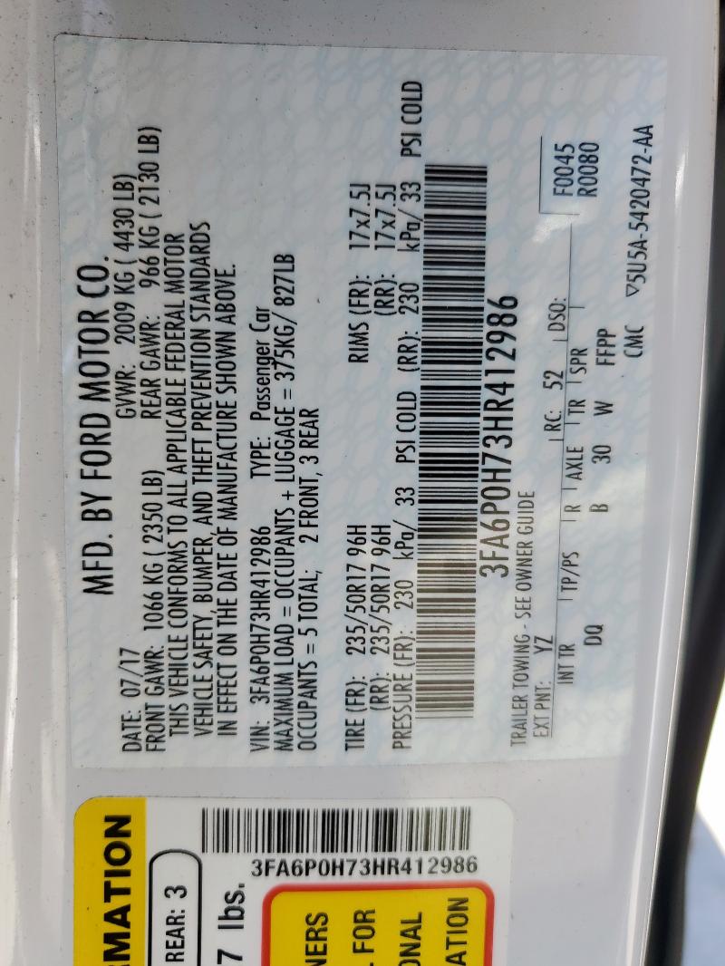 2017 FORD FUSION SE - 3FA6P0H73HR412986