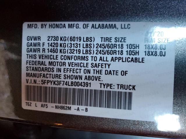 2020 HONDA RIDGELINE - 5FPYK3F74LB004391