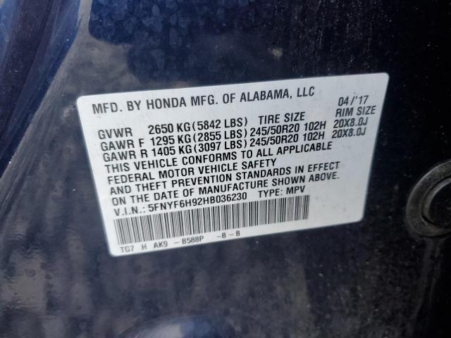 2017 HONDA PILOT TOUR 5FNYF6H92HB036230