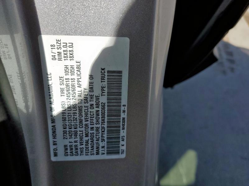 2019 HONDA RIDGELINE - 5FPYK3F76KB003662