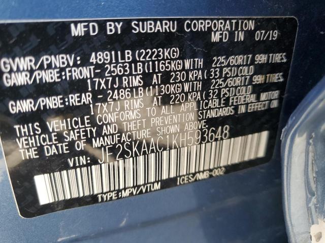 2019 SUBARU FORESTER JF2SKAAC1KH593648