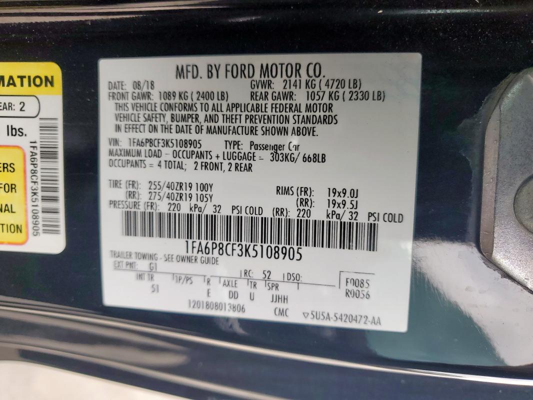 2019 FORD MUSTANG GT - 1FA6P8CF3K5108905